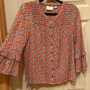 Maeve Orange Navy White Printed Button-Down Blouse